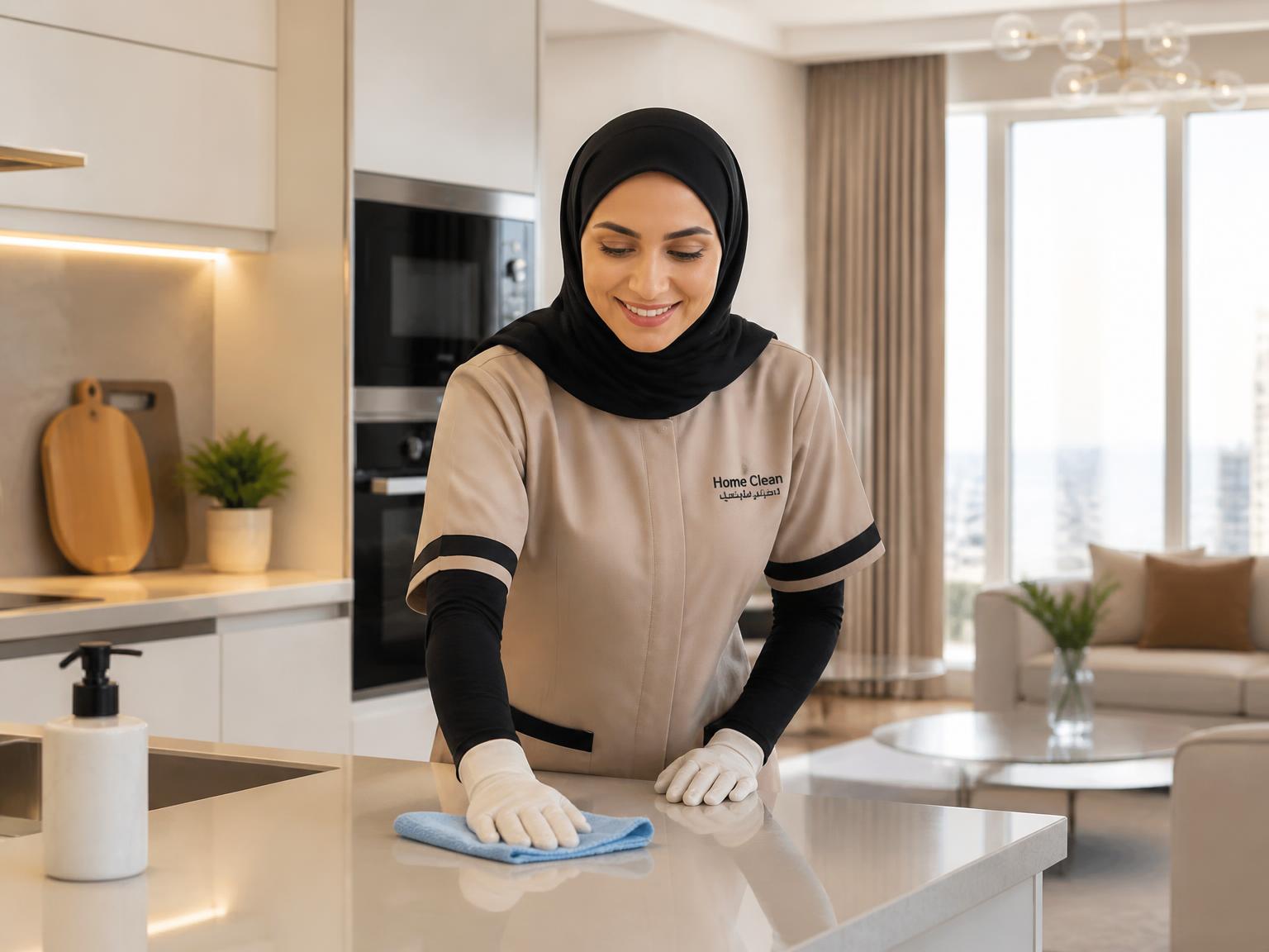 Professional maid in uniform cleaning a kitchen counter in a bright Riyadh home